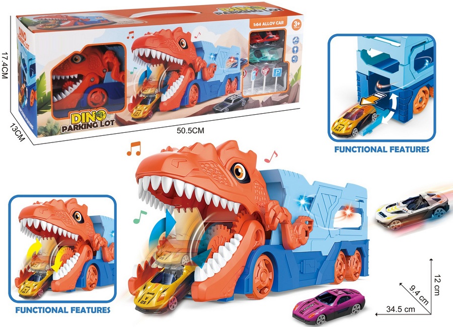 Трансформиращ се Тиранозавър Паркинг с Катапулт, 2 Метални Колички и Знаци 51х17х13 см